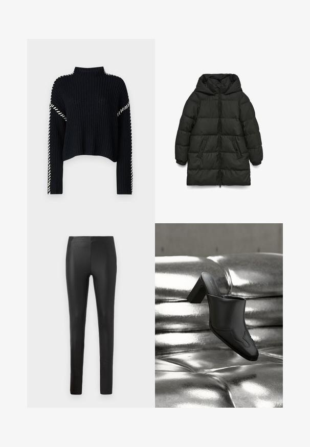 Sort dunjakke med hætte, ribbede ærmeafslutninger, lynlåslukning foran og to sidelommer med en glat, blank overflade.; Vero Moda VMNEWCREAM FUNNELNECK PULLOVER - Striktrøje - black/birch; Strækbare sorte kunstlæderbukser med en tætsiddende pasform, sidelommer og en glat tekstur, designet til en strømlinet silhuet.; Sort lædermule med blokhæl hvilende på en skinnende sølvpolstret overflade, der fremhæver dens elegante design og buede detaljer.