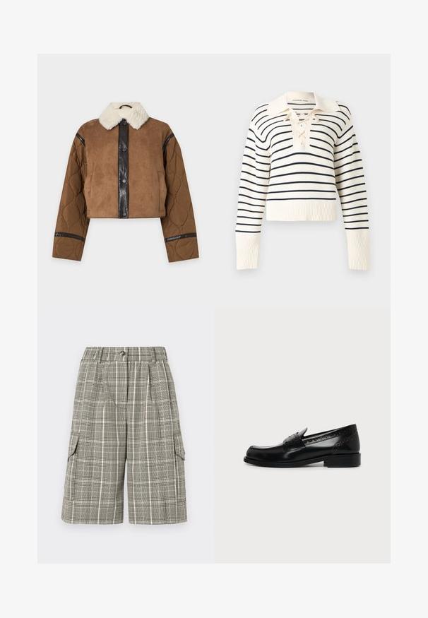 Veste courte marron avec manches matelassées, panneau noir à boutons et col en fausse fourrure blanche sur fond uni.; Pull crème à manches longues avec de fines rayures horizontales noires, un col large et un détail de laçage au niveau de l'encolure.; Shorts à carreaux dans des tons beige et gris doux, avec une ceinture élastiquée et un bouton, deux poches latérales, et un tissu texturé.; Mocassin homme en cuir noir avec détails brogue et petit talon, présenté en profil sur un fond clair uni.