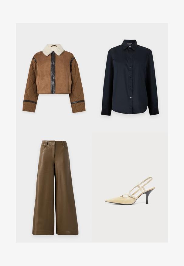 Chaqueta corta marrón con mangas acolchadas, panel negro con botones y cuello de piel sintética blanca sobre un fondo liso.; Camisa negra de manga larga con botones y cuello puntiagudo, con un dobladillo ligeramente curvado, presentada sobre un fondo liso de color gris claro.; Pantalones de pierna ancha hechos de suave cuero sintético marrón. Presentan una cintura alta, cuatro bolsillos y una cremallera frontal. Textura lisa y diseño minimalista.; Zapato de tacón abierto trasero beige con punta puntiaguda, tiras finas y hebilla plateada sobre un tacón de aguja negro de altura media sobre fondo blanco.