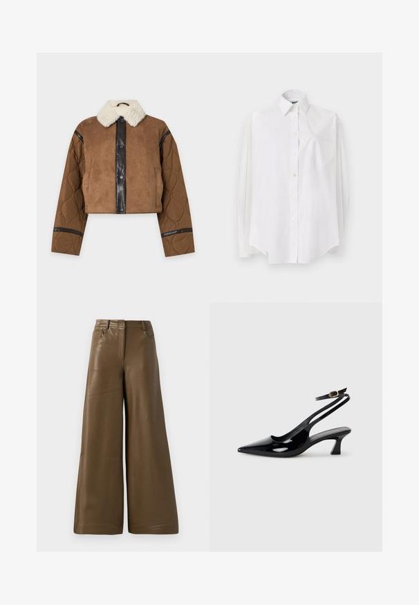 Chaqueta corta marrón con mangas acolchadas, panel negro con botones y cuello de piel sintética blanca sobre un fondo liso.; Camisa blanca de manga larga en tejido ligero que presenta un cuello clásico, cierre de botones y un bolsillo en forma de corazón en el lado izquierdo.; Pantalones de pierna ancha hechos de suave cuero sintético marrón. Presentan una cintura alta, cuatro bolsillos y una cremallera frontal. Textura lisa y diseño minimalista.; Zapatos de tacón de charol negro con punta afilada, tacón bajo tipo bloque y correa ajustable en el tobillo con un hebilla dorada.