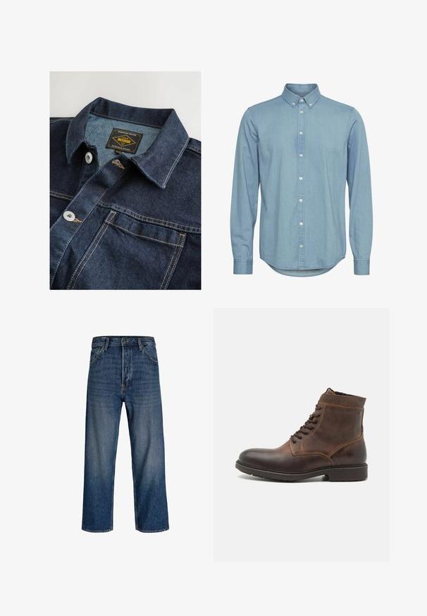 Denim shirt in een donkere blauwtint, met een klassieke kraag, metalen knopen en contrasterende gouden stiksels. Label vermeldt "Premium Grade 1982."; Lichtblauw denim overhemd met een button-down kraag, lange mouwen en een gebogen zoom. Voorzien van een voorpaspel met witte knopen.; Denim jeans met een recht model, donkere blauwtint en subtiele vervaging. Voorzien van vijf zakken en een knoopsluiting.; Jack & Jones JFWDELANEY BOOT - Veterboots - cognac