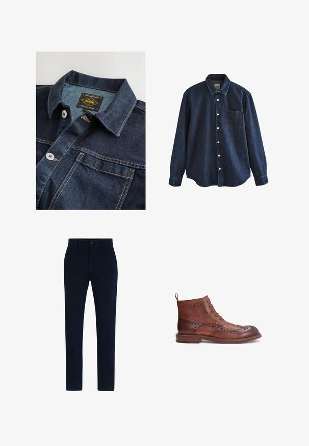 Denim-paita tummansinisellä värillä, jossa on klassinen kaulus, metallinapit ja kontrastiväriset kultaiset tikkaustyöt. Tunnuksessa lukee "Premium Grade 1982."; Tummansininen farkkupitkähihainen nappipaita, jossa kaulus ja yksittäinen rintatasku, esillä valkoisella taustalla.; Tummansiniset chinot, jotka on valmistettu pehmeästä ja kestävästä kankaasta. Varusteena nappikiinnitys, vyölenkit ja suora lahkeiden muoto. Ei näkyviä kuvioita.; Ruskeat nahkasaappaat, joissa on koristeellista broguetusta, pyöreä kärki, nauhakaulus ja matala pinoheitto. Mukana myös takana oleva vetotappi.