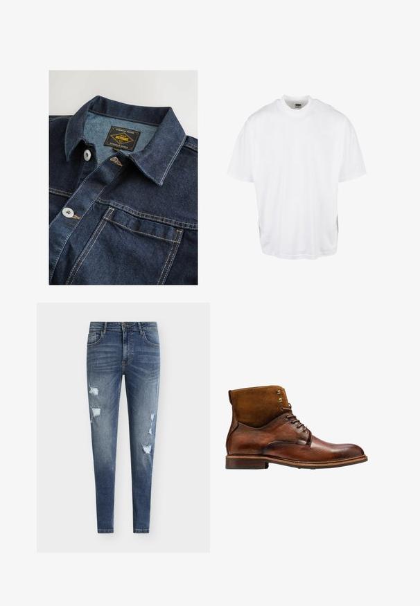 Chemise en denim de couleur bleu foncé, dotée d'un col classique, de boutons en métal et de coutures dorées contrastées. L'étiquette indique "Premium Grade 1982."; T-shirt en coton blanc avec une coupe décontractée, des manches courtes et un col rond, présentant un ourlet droit et sans graphiques ni motifs visibles.; Jean en denim bleu coupe skinny avec détails usés, multiples déchirures et effet délavé. Comprend une conception à cinq poches et des passants pour ceinture.; Kazar ALID - Bottines à lacets - brown