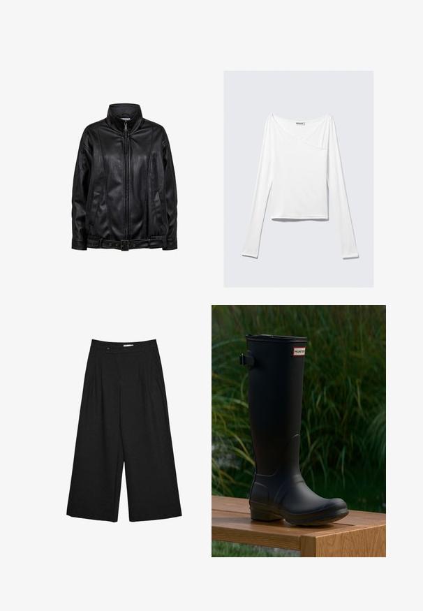 Schwarze Lederjacke mit hohem Kragen, Frontreißverschluss, zwei Seitentaschen und verstellbarem Gürtel an der Taille, vor weißem Hintergrund dargestellt.; Weißes Langarmoberteil mit einem Überlappungsdesign und einer Tasche. Hergestellt aus einem glatten, elastischen Material. In einem lässigen, entspannten Schnitt.; Schwarze, weit geschnittene, cropped Hosen mit Vorderfalten, Gürtelschlaufen und einem Knopfverschluss an der Taille.; Schwarzer Gummistiefel bis zum Knie mit runder Zehe, leichtem Absatz und einer Schnallenriemen. Auf der Vorderseite befindet sich das "HUNTER"-Logo.