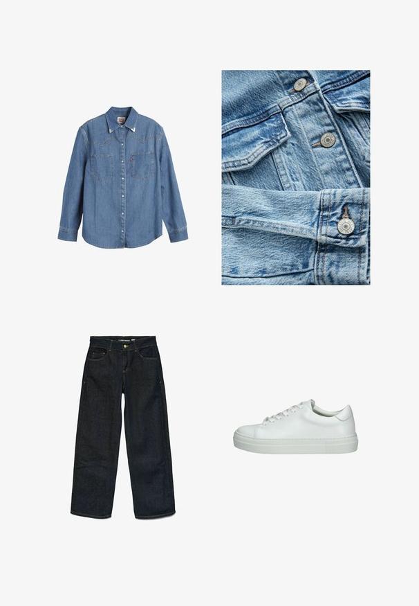 Lys blå denimstof har synlige syninger, metalknapper og klaplommer. Teksturen er let slidt med et blødt, falmet udseende.; Lys blå denimskjorte med lange ærmer, spids krave, to brystlommer og kontraststing. Har et western-inspireret yoke-design.; Mørkeblå, brede denimbukser med forhånds- og møntlommer, kontrasterende gul syning, knaplukning og bæltestropper.; Hvide lædersneakers med glat tekstur, rund tå, flad gummisål og seks snørrehuller. Minimalistisk design uden yderligere dekorationer.