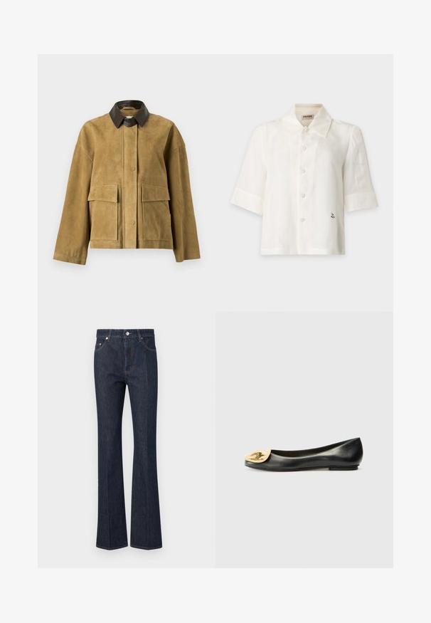 Veste en daim marron clair avec col en cuir marron foncé, manches longues, fermeture à boutons-pression à l'avant et deux grandes poches avant à rabat.; Chemise blanche à manches courtes avec boutons, col pointu et petit logo noir près du bas côté droit.; Jean en denim bleu foncé avec une taille haute, une coupe droite, une fermeture devant par boutons et des coutures visibles sur les poches et les coutures.; Ballerines en cuir noir avec un bout rond, présentant un accent en forme de coquillage doré métallique à l'avant. Texture lisse, talon bas.