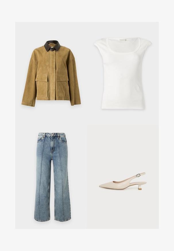 Veste en daim marron clair avec col en cuir marron foncé, manches longues, fermeture à boutons-pression à l'avant et deux grandes poches avant à rabat.; Haut blanc sans manches côtelé avec un col rond et de petites épaulettes, présenté sur un fond clair uni.; Jean denim bleu taille haute avec jambes larges, bouton et zip à l'avant, poches latérales et coutures verticales visibles sur chaque jambe.; Chaussure slingback beige à bout pointu avec un petit talon kitten et une boucle latérale réglable sur fond blanc uni.