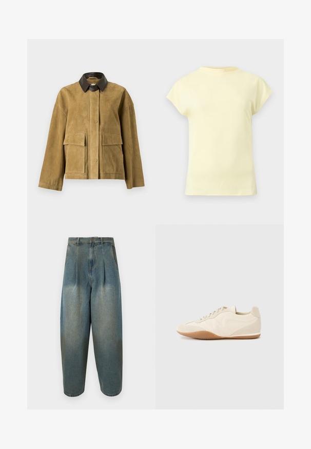 Veste en daim marron clair avec col en cuir marron foncé, manches longues, fermeture à boutons-pression à l'avant et deux grandes poches avant à rabat.; T-shirt jaune clair à manches courtes avec un col rond, présenté sur un fond gris clair neutre.; Jean en denim bleu à taille haute, coupe ample, avec des plis, une fermeture avant à boutons et fermeture éclair, et des poches latérales.; Baskets beige clair avec une tige en cuir texturé, des panneaux latéraux texturés et une semelle en caoutchouc. Dotées d'un design fin et épuré ainsi que de lacets plats.