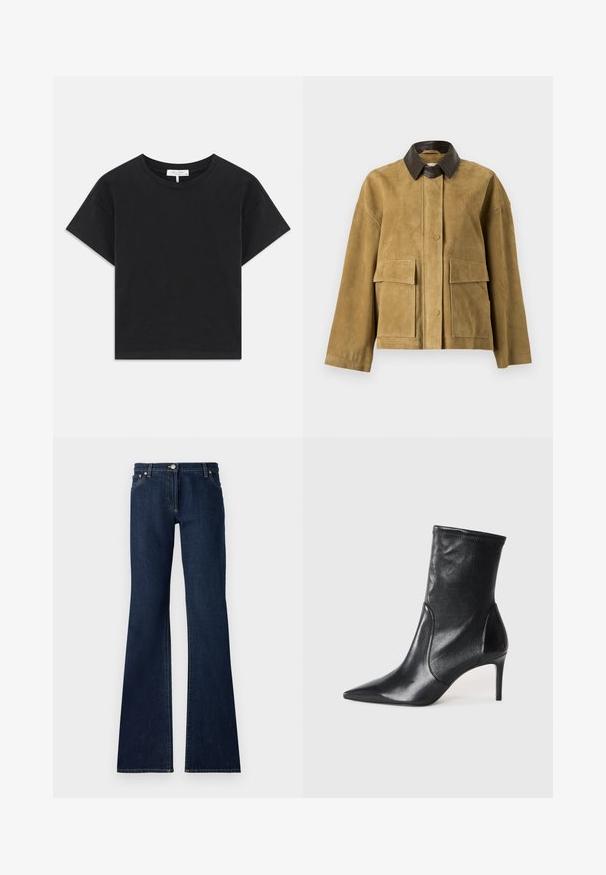Veste en daim marron clair avec col en cuir marron foncé, manches longues, fermeture à boutons-pression à l'avant et deux grandes poches avant à rabat.; T-shirt noir cropped en coton, avec un col rond, des manches courtes et un design simple sans motifs ni embellissements.; Jean flare bleu foncé en denim, dotés d'un design à cinq poches, de passants de ceinture et de coutures jaunes contrastées le long des coutures.; Bottes noires à la cheville en cuir lisse, dotées d'un bout pointu, d'un tige ajustée et d'un talon haut fin. Design minimaliste sans quincaillerie visible.
