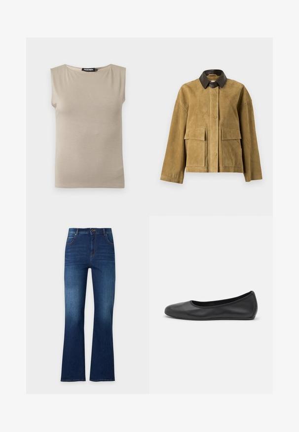 Veste en daim marron clair avec col en cuir marron foncé, manches longues, fermeture à boutons-pression à l'avant et deux grandes poches avant à rabat.; Haut beige en coton sans manches avec larges bretelles et col rond, taille moyenne, posé à plat sur fond blanc.; Jean en denim bleu foncé avec une taille haute, cinq poches, fermeture à boutons et jambes légèrement évasées.; Ballerines en cuir noir avec un bout rond, texture lisse, détails de couture minimalistes et design de semelle flexible.