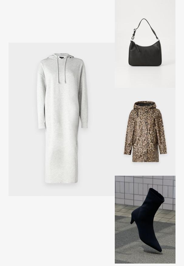 Regnfrakke med leopardmønster og hætte, med knaplukning og sidelommer. Sat mod en ensfarvet hvid baggrund.; Hættetrøje med langærmer lavet af let grå sweatshirt-stof, som har en afslappet pasform, sideslidser og snoretræk i hætten.; Sort ankelstøvle med spids tå, elegant design, blødt materiale og en diskret hæl. Har lynlås bagpå.; Sort læderhåndtaske med en buet form, en enkelt rem, lynlås lukning og diskret branding på forsiden. Glat tekstur, minimalistisk design.