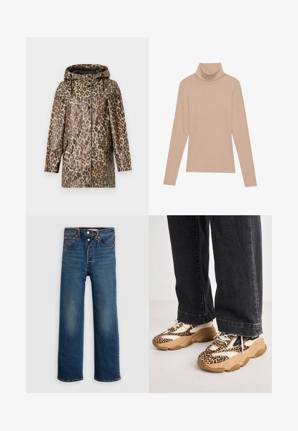 Regnfrakke med leopardmønster og hætte, med knaplukning og sidelommer. Sat mod en ensfarvet hvid baggrund.; Beige langærmet ribbet turtleneck-top med høj krave, præsenteret fladt på en lys baggrund.; Mørkeblå denimjeans med afslappet pasform. Features med fem lommer, knappelukning og diskret falmen på lårene.; Sneakers med leopardprint og mesh- og læderpaneler, tan-gummisål og kontrasterende sorte accenter. Båret med løstsiddende mørke jeans.