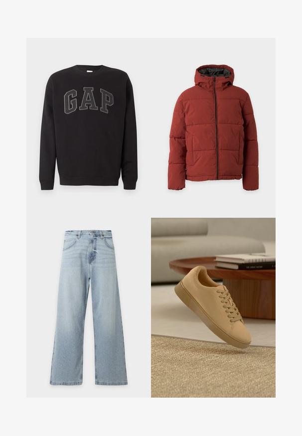 Veste matelassée pour homme de couleur rouille avec fermeture éclair frontale, capuche attachée et deux poches latérales sur un fond uni clair.; Sweat-shirt noir à manches longues avec col rond, orné de grandes lettres « GAP » gris foncé brodées sur la poitrine.; Jean bleu clair à jambes larges, taille haute, bouton et fermeture éclair devant, passants de ceinture, poches et léger effet délavé à la braguette.; Baskets beiges à lacets flottant au-dessus d'un tapis texturé avec une table basse en bois et des livres empilés en arrière-plan flou.