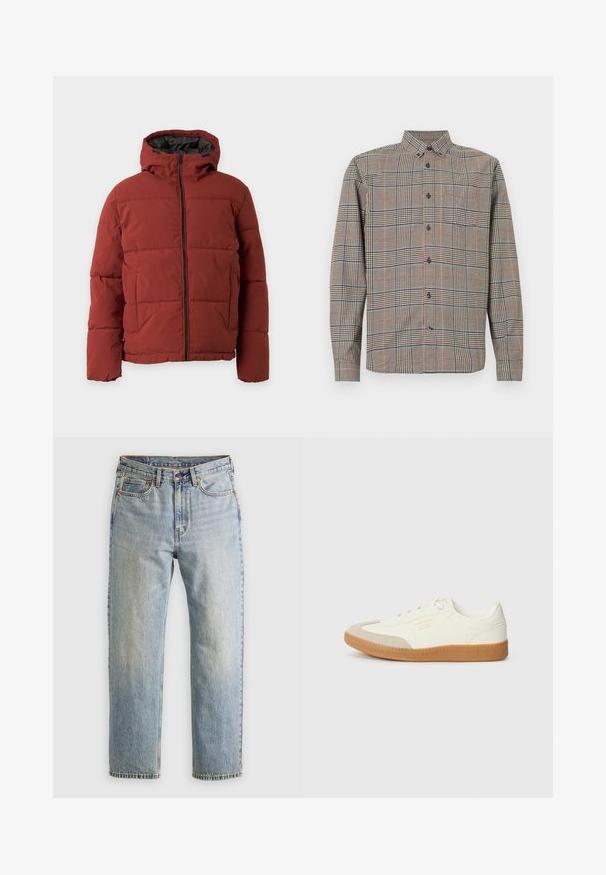 Veste matelassée pour homme de couleur rouille avec fermeture éclair frontale, capuche attachée et deux poches latérales sur un fond uni clair.; Chemise à manches longues avec col classique, présentant un motif à carreaux beige et noir avec des lignes subtiles rouges et bleues.; Jean en denim bleu clair à taille haute, avec bouton avant, fermeture éclair et design à cinq poches, posé à plat sur un fond neutre.; Baskets en cuir blanc avec une coque beige et une semelle en caoutchouc marron clair. Dotées de lacets blancs plats et d'un logo embossé sur le côté.