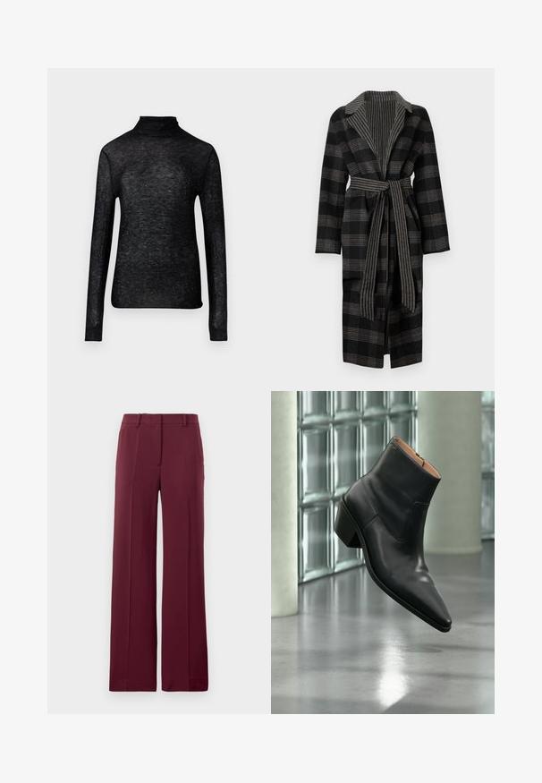 Schwarz-grauer Karomantel mit weitem Kragen, passendem Gürtel und strukturierter Innenfütterung. Verfügt über lange Ärmel und eine lockere Passform.; Schwarzes Langarm-Turtleneck-Oberteil aus transparenter Stoff, verziert mit verstreuten silbernen Punkten, das eine enganliegende Silhouette präsentiert.; Burgunderfarbene weit geschnittene Hose aus glattem Stoff, mit flachem Bund, Gürtelschlaufen und einem taillierten Schnitt mit Faltendetails.; Schwarzer Leder-Stiefelette mit spitzer Schuhspitze und Blockabsatz, der über einem reflektierenden grauen Boden nahe einer Glassteinwand schwebt.