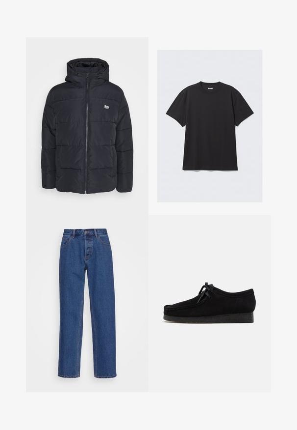 Doudoune noire avec capuche, fabriquée en matériau synthétique. Dotée d'une fermeture éclair sur le devant, de coutures horizontales et d'un petit logo sur la poitrine.; T-shirt noir à manches courtes en coton. Il présente un col rond et une coupe décontractée. Design simple sans motifs ni accents visibles.; Jean en denim bleu avec un design classique à jambe droite, présentant une taille haute, des passants de ceinture et des détails de couture subtils.; Chaussures en daim noir avec un design à bout arrondi, un laçage à l'avant et une semelle en caoutchouc noir texturé. Tige lisse avec de subtils détails de couture.