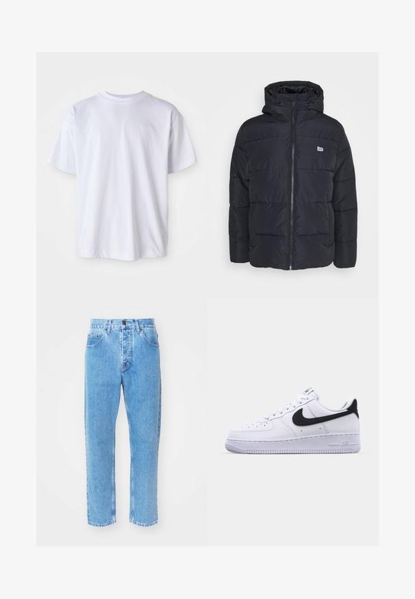 Chaqueta acolchada negra con capucha, hecha de material sintético. Presenta un cierre frontal, costuras horizontales y un pequeño logo en el pecho.; Camiseta blanca de algodón con cuello redondo y mangas cortas. Presenta un logo sutil bordado en un color a juego en el lado izquierdo del pecho.; Los vaqueros de mezclilla azul claro presentan un diseño de pierna recta, cinco bolsillos y un clásico cierre de botón en la cintura.; Zapatilla blanca de cuero con un Swoosh negro texturizado, cordones planos y una suela de goma con un patrón estriado. "AIR" está grabado en el talón.