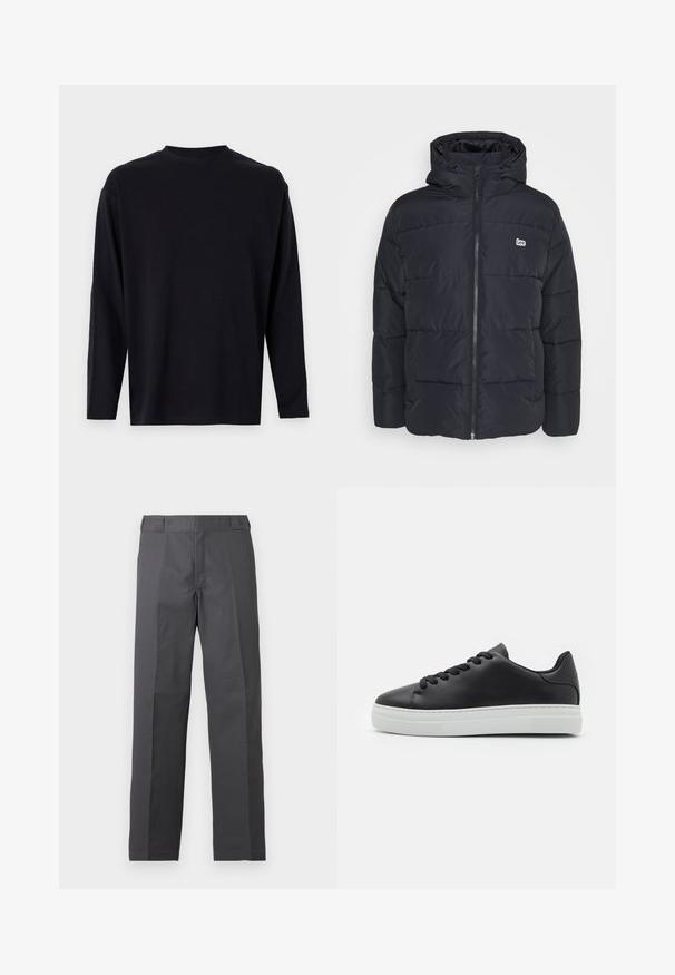 Schwarze Steppjacke mit Kapuze, aus synthetischem Material. Dazu gehören ein Frontreißverschluss, horizontale Nähte und ein kleines Logo auf der Brust.; Schwarzes langärmeliges T-Shirt aus glattem Stoff. Verfügt über einen Rundhalsausschnitt, einen lockeren Schnitt und keine sichtbaren Muster oder Verzierungen.; Dunkelgraue gerade geschnittene Hose mit flacher Vorderseite und ohne sichtbare Taschen, auf weißem Hintergrund dargestellt.; Schwarze Leder-Sneaker mit runder Zehe, weißer Gummisohle und schwarzen Schnürsenkeln. Verfügt über eine glatte Oberfläche und ein minimalistisches Design.