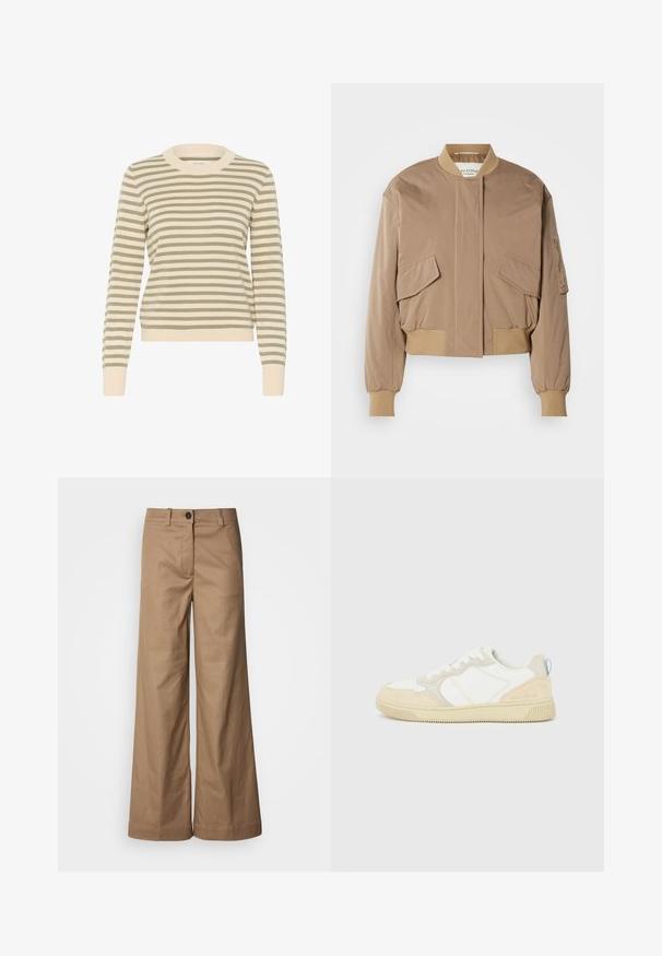 Beige bomberjakke med ribstrikkede manchetter og kant, med to frontlommer med klap og en sidelomme med lynlås. Glat, let blankt stof.; Stribet sweater i crème og olivengrøn med ribbet rund halsudskæring, lange ærmer og en tætsiddende kant. Blød strikket tekstur.; Bredde benbukser lavet af glat, tan stof. Har en frontlukning med knap, bæltestropper og sidelommer. Rene linjer uden synlige mønstre.; Hvid og beige sneaker med en overdel i ruskind og tekstil, med kontrastsyninger, en gummisål og en lyseblå detalje på hælen.
