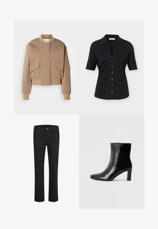 Beige Bomberjacke mit gerippten Bündchen und Saum, ausgestattet mit zwei vorderen Klappentaschen und einer seitlichen Reißverschlusstasche. Glattes, leicht glänzendes Gewebe.; Schwarzes, kurzärmeliges Hemd mit Knöpfen, Kragen, sechs Knöpfen vorne und einer leicht taillierten Silhouette.; Schwarze Jeanshose mit geradem Bein, ausgestattet mit zwei Fronttaschen und einem einzelnen Metallknopf am Bund. Glatte Textur.; Schwarze Knöchelstiefel aus glänzendem Leder mit spitzem Zustand und mittelhohem Blockabsatz, mit glatter Textur und einfachem Design.
