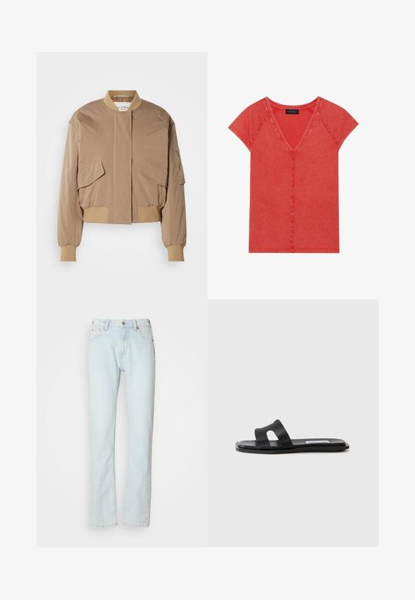Beige bomber-takki, jossa resorit hihansuissa ja helmassa, kaksi etutaskua läpällä sekä sivussa vetoketjullinen tasku. Sileä, hieman kiiltävä kangas.; Punainen V-kaula-aukkoinen T-paita, joka on valmistettu pehmeästä kankaasta. Siinä on lyhyet hihansuut, näkyvät saumat ja rento istuvuus.; Vaaleansiniset farkut suoralla lahjesuunnittelulla. Ominaisuuksiin kuuluu napillinen suljenta, viiden taskun tyyli ja hieman haalistunut tekstuuri.; Musta litteä sandaali, jossa on kaksi leveää hihnaa, leikkausyksityiskohta yhdessä hihnassa ja sileä matta pinta. Ohut, joustava pohja.