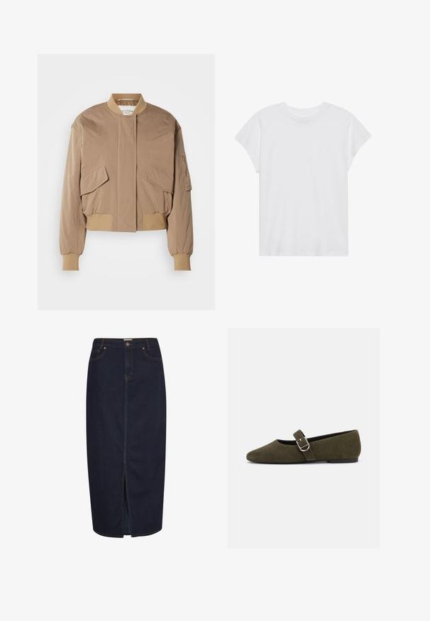 Beige bomberjakke med ribstrikkede manchetter og kant, med to frontlommer med klap og en sidelomme med lynlås. Glat, let blankt stof.; Hvid kortærmet t-shirt med rund hals, afslappet pasform, lavet af blødt bomuldsstof. Glat tekstur, ingen mønstre eller logoer.; Mørk denim maxi-nederdel med en frontslids. Har orange syninger og et klassisk fem-lomme design. Knaplukning i taljen.; Æblegrøn ruskind Mary Jane flad sko med sølvspænde og rundet tå, vist på en hvid baggrund.
