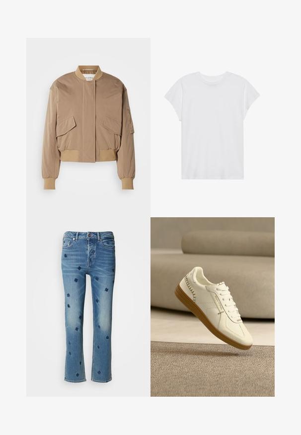 Beige Bomberjacke mit gerippten Bündchen und Saum, ausgestattet mit zwei vorderen Klappentaschen und einer seitlichen Reißverschlusstasche. Glattes, leicht glänzendes Gewebe.; Weißes kurzärmliges T-Shirt mit Rundhalsausschnitt, lockerer Passform, aus weichem Baumwollstoff. Glatte Textur, keine Muster oder Logos.; Hellblaue Jeans aus Denim mit geradem Bein, verziert mit navyblauer floralem Stickerei und einem Used-Look-Effekt nahe den Taschen und dem Saum.; Weißer Sneaker mit Gummisohle und genähten Details, schwebend über beigem, strukturiertem Teppich mit beigem Sofa im weichen Hintergrund.