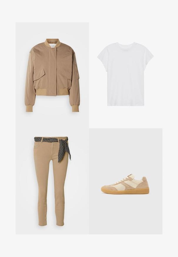 Chaqueta bomber beige con puños y cinturilla acanalados, que cuenta con dos bolsillos delanteros con solapa y un bolsillo lateral con cremallera. Tela lisa y ligeramente brillante.; Camiseta blanca de manga corta con cuello redondo, corte relajado, hecha de suave tela de algodón. Textura lisa, sin estampados ni logotipos.; Jeans skinny beige con una cinturilla negra estampada y una corbata a juego. Presentan cinco bolsillos y una textura suave de mezcla de algodón.; Zapatilla de perfil bajo en tonos beige y crema con paneles de malla y ante, cordones blancos y suela de goma color caramelo, vista de lado sobre un fondo liso.