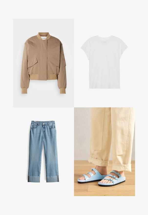 Beige bomberjack met geribbelde manchetten en zoom, voorzien van twee klepzakken aan de voorkant en een zijritszak. Effengekleurde, licht glanzende stof.; Witte t-shirt met korte mouwen, ronde hals, relaxte pasvorm, gemaakt van zacht katoen. Glad textuur, geen patronen of logo's.; Lichtblauwe spijkerbroek met een rechtotige snit, voorzien van een knoopsluiting, vijf zakken en wijde omgeslagen benen.; Lichtblauwe schuifsandalen met drie verstelbare banden en zilveren gespen; textuurzool en glad bovenmateriaal. Draag met opgerolde beige broek.