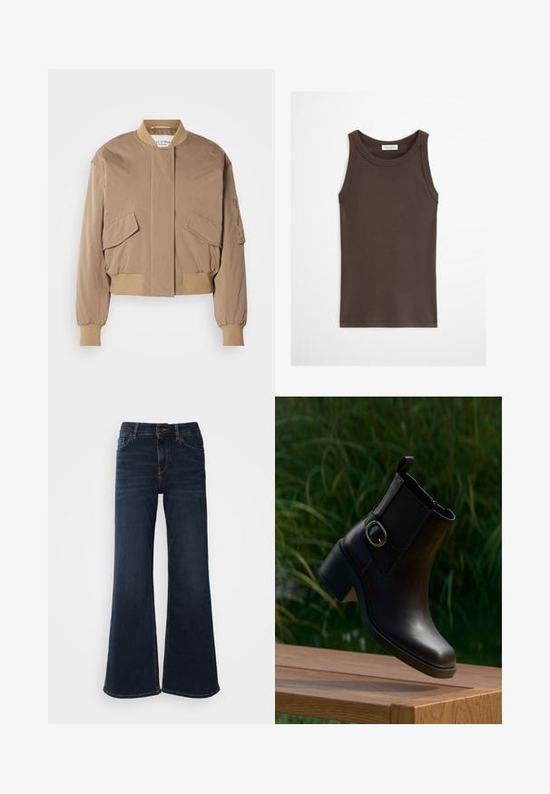 Beige bomberjack met geribbelde manchetten en zoom, voorzien van twee klepzakken aan de voorkant en een zijritszak. Effengekleurde, licht glanzende stof.; Donkerbruin, nauwsluitend tanktop zonder mouwen met ronde hals, afgebeeld tegen een effen lichte achtergrond.; Mos Mosh HERA - Flared Jeans - dark blue; Zwarte leren enkellaars met lage hak en zijgesp, drijvend boven een houten oppervlak buiten met een groene achtergrond van bladeren.