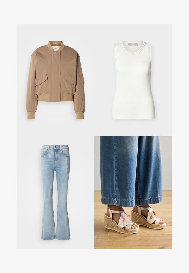 Beige Bomberjacke mit gerippten Bündchen und Saum, ausgestattet mit zwei vorderen Klappentaschen und einer seitlichen Reißverschlusstasche. Glattes, leicht glänzendes Gewebe.; Weißes, geripptes, ärmelloses Tanktop mit rundem Ausschnitt und dezentem "Mos Mosh" Logo auf der Brust.; Scotch & Soda THE GLOW - Jeans Bootcut - art from the heart; Goldene Riemchen-Wedge-Sandalen mit einem gewebten Jute-Sockel. Sie besitzen breite Kreuzriemen und ein rundes Zehen-Design. Getragen mit hellblauen weit geschnittenen Jeans.