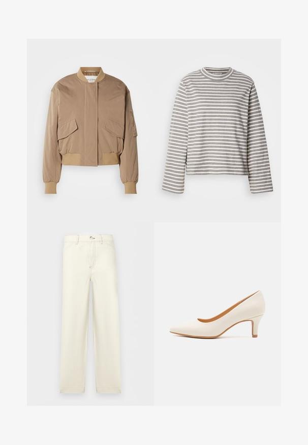 Veste bombardier beige avec poignets et ourlet côtelés, dotée de deux poches avant à rabat et d'une poche zippée latérale. Tissu lisse et légèrement brillant.; Haut à manches longues rayé en gris clair et blanc, présentant un col rond et une coupe décontractée. Le tissu semble doux, avec une surface légèrement texturée.; Pantalon droit de couleur blanc cassé avec poches avant, fermeture à boutons et passants pour ceinture, présenté sur un fond clair uni.; Chaussure à talon haute en cuir blanc avec un bout pointu et un talon fin, légèrement incliné. Texture lisse avec un design minimaliste et une semelle beige.