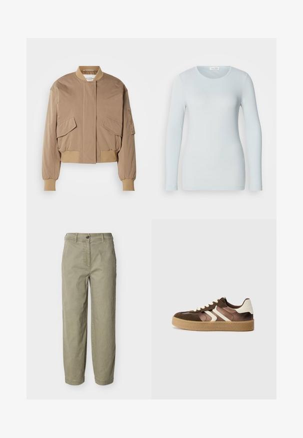 Beige bomberjack met geribbelde manchetten en zoom, voorzien van twee klepzakken aan de voorkant en een zijritszak. Effengekleurde, licht glanzende stof.; Lichtblauwe langmouw T-shirt van ribstoffen. Heeft een ronde halslijn en een slim fit. Soepele textuur zonder zichtbare patronen of versieringen.; Licht kaki rechte broek met gulp en riemlussen, knoopsluiting en ritssluiting, getoond op een effen achtergrond.; Bruine en crèmekleurige sneakers van een combinatie van suede en satijn, met drie diagonale strepen en een gestructureerde gumrubberen zool.
