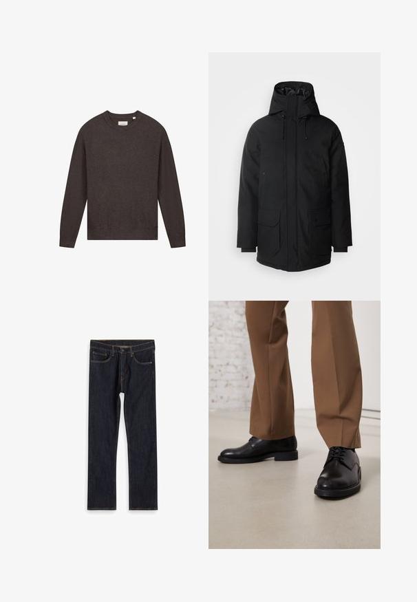 Schott Vinterfrakke - black; Kunne ikke generere alt-tekst; Mørkeblå lige ben denim jeans med forlommer, bæltestropper og kontrast orange syninger, lagt fladt på hvid baggrund.; Sorte læder sko med glat overflade og rund tå, der har snørebåndslukning og en lav, flad sål. Sammen med brune bukser.