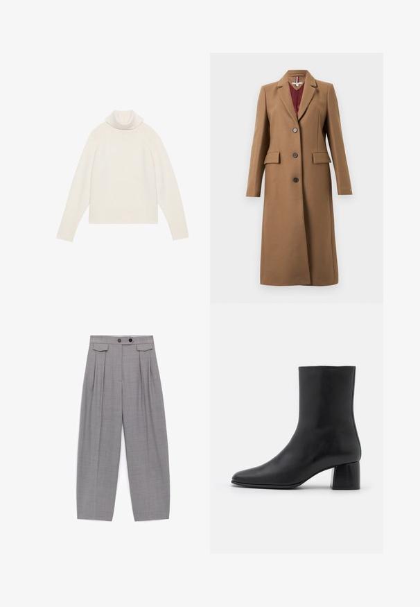 Brun uldblandingsoverfrakke med hakket revers, tre knapper, to forlommer og lange ærmer. Tekstureret stof med en glat inderforing.; Lyscreme turtleneck sweater med ribbet tekstur, raglanærmer og tætsiddende kant. Blødt materiale og afslappet silhuet.; Grå bukser med høj talje og løs pasform, med folder, to sorte knapper på taljebåndet og klapsdetaljer nær hofterne.; Sorte læder ankelstøvler med spids tå og en kraftig firkantet hæl. Glat overflade med et sømløst design og minimalistisk syning.
