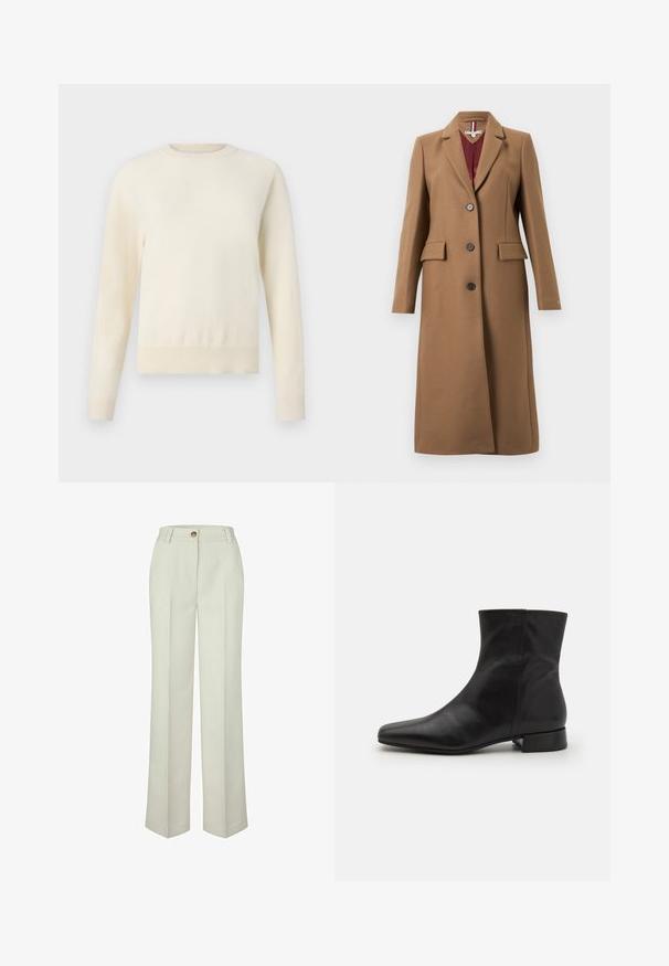 Brun uldblandingsoverfrakke med hakket revers, tre knapper, to forlommer og lange ærmer. Tekstureret stof med en glat inderforing.; Lys cremefarvet sweater med lange ærmer, rund halsudskæring og ribbenet kant. Lavet af et blødt materiale med en glat tekstur.; Off-white, lige bukser med bæltestropper og enkelt knaplukning i taljen.; Sort læder ankelstøvle med spids tå, glat tekstur, minimalistisk design og en lav blokhæl. Sidelukning går op til anklen.