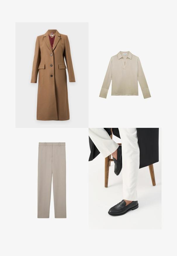Abrigo largo de mezcla de lana marrón con solapa con muesca, tres botones, dos bolsillos delanteros y mangas largas. Tela texturizada con forro interior liso.; Blusa beige de manga larga con cuello en V y puños abotonados, mostrada sobre un fondo blanco.; Pantalones beige de corte recto con trabillas para cinturón y un diseño limpio y minimalista, mostrados extendidos sobre un fondo blanco.; Persona con mocasines de cuero negro y pantalones blancos sentada en un taburete de madera contra un fondo blanco.