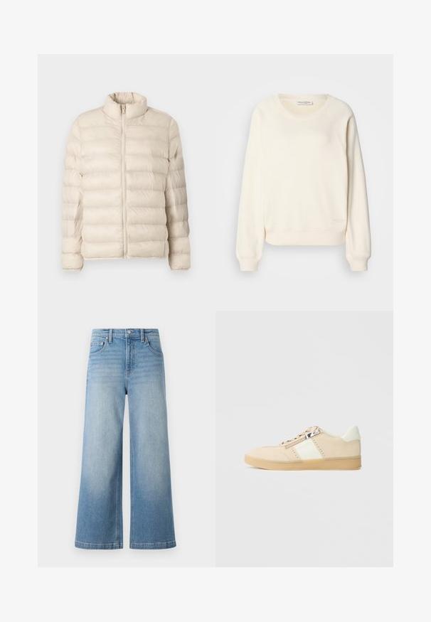 Doudoune beige clair avec col haut, dotée d'une fermeture éclair à l'avant et d'une texture matelassée. Tissu lisse avec des coutures horizontales.; Sweat-shirt de couleur crème en tissu doux, avec manches raglan, poignets et ourlet côtelés, et un logo subtil au bas.; Jean en denim bleu clair à jambes larges, taille haute, design à cinq poches, couture visible et fermeture à bouton à l'avant.; Baskets en suède beige avec une bande d'accent crème, semelle plate en caoutchouc tan, et devant à lacets avec une fermeture éclair. Détails perforés présents.