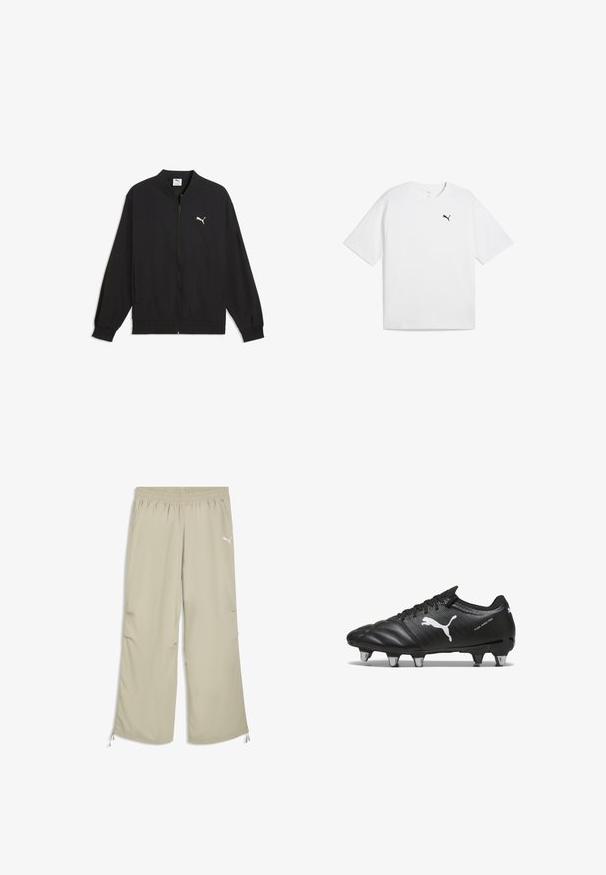 Veste noire Puma zippée avec taille et poignets élastiques, arborant un petit logo Puma blanc sur le côté gauche de la poitrine.; T-shirt en coton blanc à manches courtes, encolure ronde, et un petit logo Puma noir sur la poitrine gauche. Texture lisse.; Pantalon de survêtement Puma avec taille élastique beige clair, poches latérales et cordons réglables aux poignets de la cheville.; Bottes de football noires avec un matériau texturé, logo Puma blanc, fermeture à lacets et crampons en métal pour l'adhérence. Le design met l'accent sur la performance et le soutien.