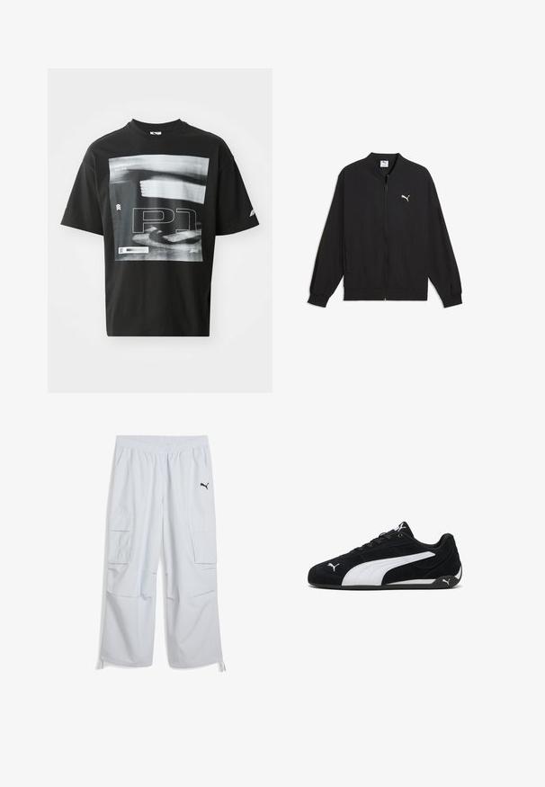 Sort Puma-løbejakke med lynlås, elastisk talje og manchetter, med en lille hvid Puma-logo på venstre bryst.; Sort bomulds T-shirt med grafisk tryk, der inkluderer tekstelementerne "FORMULA 1 RACING" og "P1." Rund hals og korte ærmer.; Lys grå cargo bukser med elastisk talje, to sidelommer og et sort logo på venstre ben; lavet af et let materiale.; Sorte ruskinds sportsko med en hvid lateralstribe, hvide mærkeaccenter, flad sort sål og sorte snørebånd.