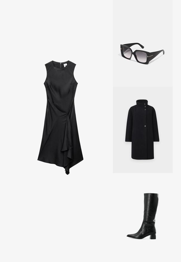 Manteau en laine noir avec un col haut, fermeture par boutons à l'avant et deux poches plaquées. Conçu avec une silhouette droite et des manches longues.; Robe noire sans manches avec encolure ronde et ourlet drapé asymétrique, dotée d'une fermeture éclair au dos.; Botte en cuir noir hauteur genou avec un bout pointu et une surface texturée. Présente un talon carré et un design ajusté et élégant.; Lunettes de soleil noires Tom Ford avec des verres carrés surdimensionnés, teinte dégradée et accents en logo ton or sur les branches. Finition mate, design épuré.