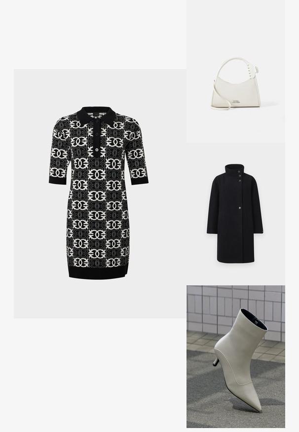 Manteau en laine noir avec un col haut, fermeture par boutons à l'avant et deux poches plaquées. Conçu avec une silhouette droite et des manches longues.; Robes polo en tricot avec un motif géométrique noir et blanc. Caractéristiques des manches courtes, un col et trois boutons sur le devant.; Bottine en cuir blanc cassé avec bout pointu et petit talon kitten posée sur un trottoir extérieur contre un mur carrelé.; Sac à main en cuir blanc avec une forme incurvée, orné de petites clous blancs le long de la poignée. Il dispose d'une longue sangle et d'un logo embossé à l'avant.