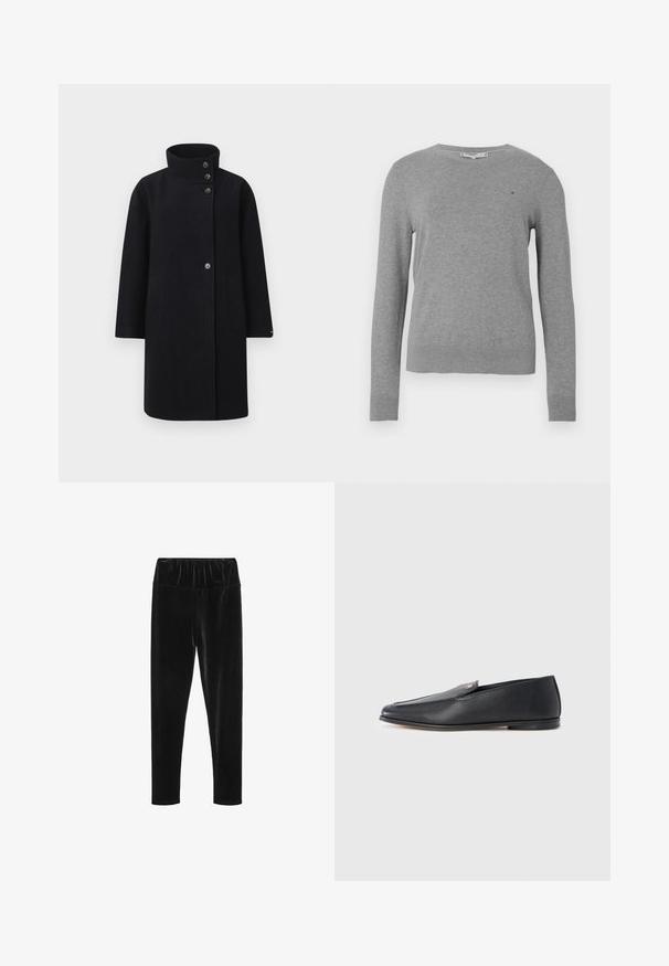 Sort uld frakke med høj krave, frontlukning med knapper og to påsatte lommer. Designet med en lige silhuet og lange ærmer.; Grå strikket sweater med lange ærmer, rund hals, ribbede manchetter og kant. Har et lille broderet logo på brystet.; Sorte velour leggings med elastisk talje og en glat, skinnende tekstur. Slim fit med tapered ben-design.; Sorte læderloafers med en glat tekstur, rundet tå og subtile syningsdetaljer. Har en guldfarvet logoaccent på oversiden.