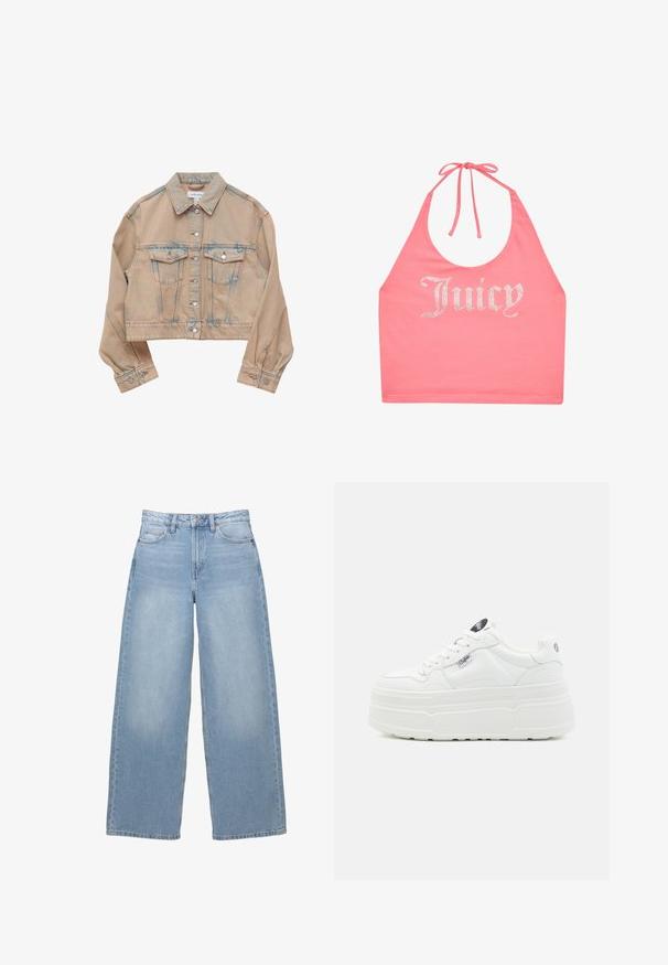 Lichtbeige spijkerjack met vervaagde blauwe accenten, knoopsluiting aan de voorkant, twee borstzakken met klep, lange mouwen en een getailleerde taille.; Roze haltertop met strik in de nek en strassletters die "Juicy" aan de voorkant spellen.; Lichtblauwe, wijde spijkerbroek van denim. Heeft een hoge taille, zijzakken en een knoopsluiting. Glad van textuur met subtiele vervaging.; Witte platform sneakers met een glad synthetisch buitenkant, ronde neus, gewatteerde kraag en textuurzool. Bevat een contrasterend logo label.