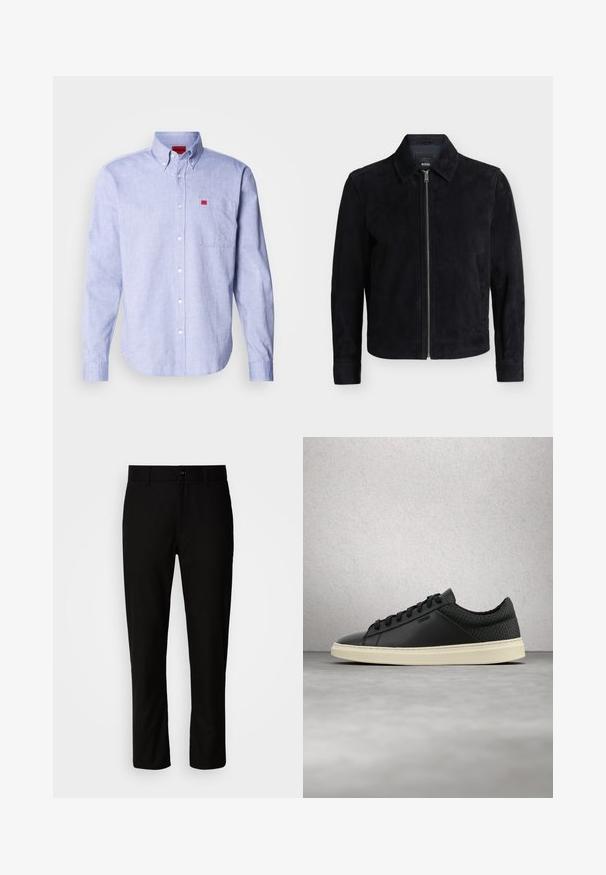 Chaqueta de ante negra con cremallera frontal, mangas largas, bolsillos laterales y cuello clásico, mostrada sobre un fondo blanco liso.; Camisa de botones azul claro con mangas largas, un bolsillo en el pecho y una etiqueta de marca en rojo. Hecha de una tela suave con un cuello clásico.; Pantalones negros de corte recto, con frente plano, trabillas para cinturón y cierre de un solo botón en la cintura. Textura de tela suave.; Zapatilla negra de caña baja con panel de talón texturizado y suela blanca, flotando sobre un suelo de hormigón pulido cerca de ventanas de bloques de vidrio.