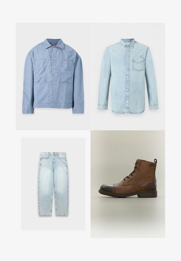 Lichtblauwe spijkerjas met kraag, lange mouwen, knoopsluiting aan de voorkant en twee grote voorzakken.; Lichtblauw denim overhemd met lange mouwen, knoopsluiting aan de voorkant, een borstzak met Calvin Klein-logo en puntige kraag.; Lichtblauwe denim jeans met een losse pasvorm, rechte pijpen, vervaagd textuur, vijf-pocket ontwerp en metalen knoopsluiting bij de taille.; Bruine leren enkellaars met veters, zwarte neuskap, ronde zool en merkdetail aan de zijkant tegen een effen achtergrond.