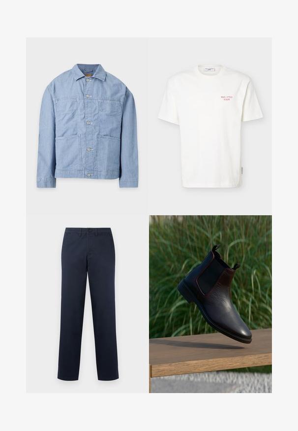 Veste en denim bleu clair avec col, manches longues, fermeture par boutons sur le devant et deux grandes poches avant.; T-shirt blanc à manches courtes et col rond avec un petit texte rouge "Marc O’Polo Denim" sur la partie supérieure gauche de la poitrine.; Pantalon droit bleu marine pour homme avec passants de ceinture, bouton sur le devant et poches latérales, présenté sur un fond clair uni.; Bottines Chelsea en cuir noir avec finition texturée, panneaux latéraux élastiques et languettes. Semelle robuste et design élégant à bout pointu.