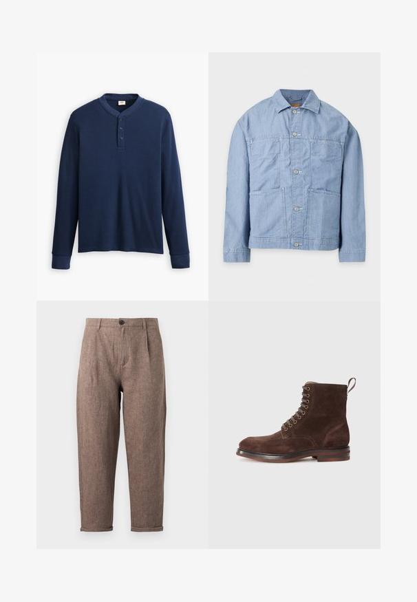 Veste en denim bleu clair avec col, manches longues, fermeture par boutons sur le devant et deux grandes poches avant.; Chemise henley à manches longues de couleur bleu marine en tissu côtelé. Présente un col rond et une patte de boutonnage à trois boutons. Les poignets sont ajustés.; Pantalon droit marron à motif chevrons avec fermeture avant à boutons et zip, passants pour ceinture et ourlets retroussés.; Bottine en suède marron avec un bout arrondi, œillets en métal, design à lacets, boucle à l'arrière et semelle en cuir empilée.