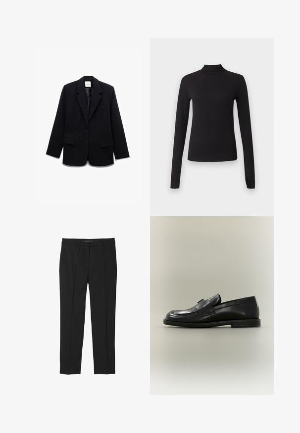 Zwarte blazer met een getailleerd ontwerp, enkele knoopsluiting, twee voorzakken, notch lapel en een zachte binnenvoering.; Zwart aansluitend shirt met lange mouwen en nepkraag, weergegeven op een effen lichtgrijze achtergrond.; Zwarte broek van gladde stof, met een rechte pijp, voorzakken en een platte tailleband zonder zichtbare sluitingen.; Zwarte leren loafer met lage hak, ronde neus en gestikte details op een neutrale achtergrond.