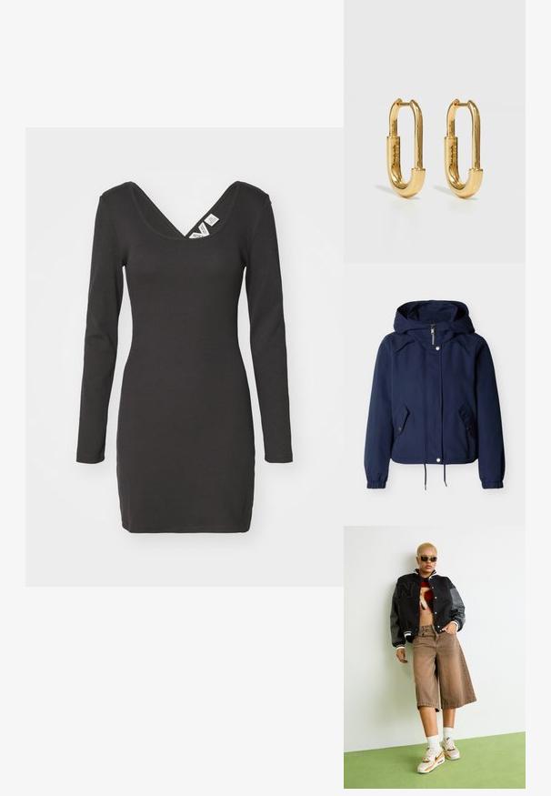 Veste à capuche bleu marine avec fermeture éclair frontale, boutons-pression, deux poches à rabat inclinées, poignets élastiques et ourlet réglable par cordon de serrage.; Robe noire à manches longues et à côtes, avec un décolleté en V profond et une silhouette ajustée. Le tissu semble extensible avec une texture lisse.; Personne avec les cheveux blonds courts portant des lunettes de soleil, une veste de varsity noire, un crop top graphique, un short large marron et des baskets blanches Nike, se tenant sur un sol vert.; Boucles d'oreilles en métal doré en forme d'ovale allongé, avec une surface lisse et polie et un petit charnière pour l'attache.